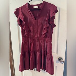 Pinch Ruffle Tiered V-Neck Mini Dress- Maroon - Large.